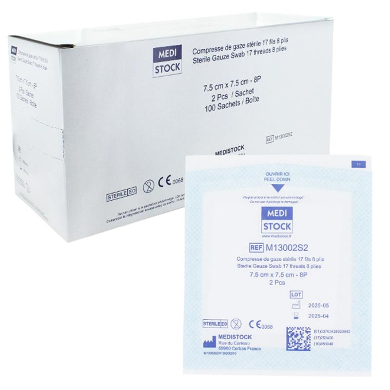 Compresse de gaze  17fils - 7,5 x 7,5 cm 8 plis